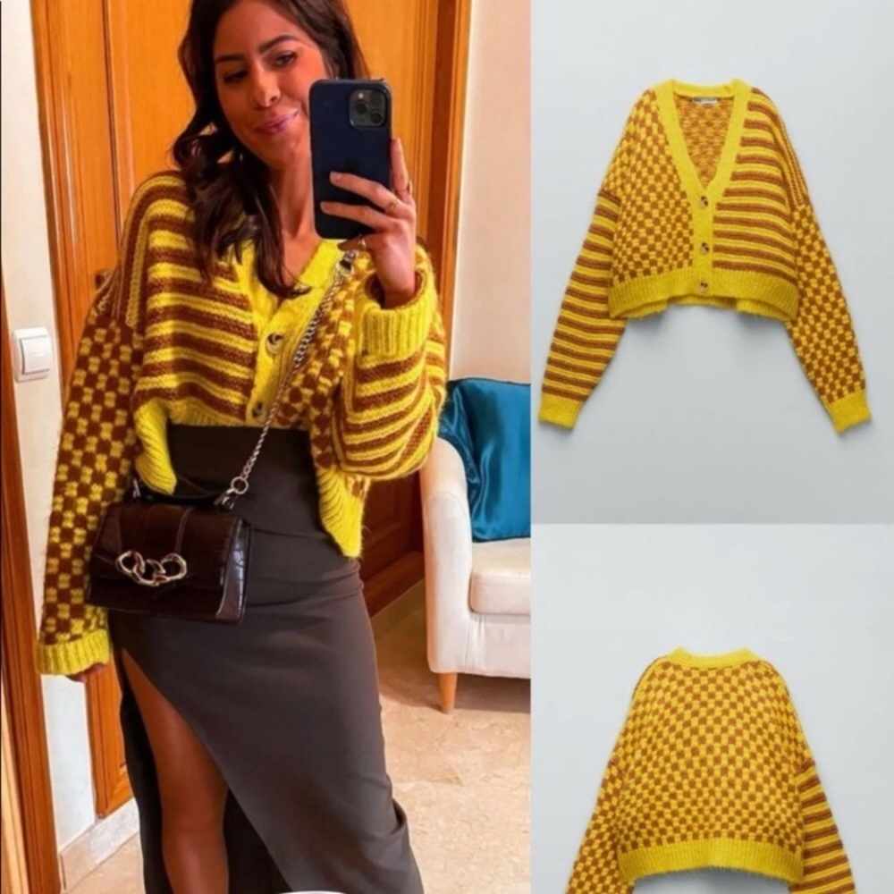 ZARA Bloggers Favorite Combination Jacquard Knit Cardigan Yellow Mustard c3. - Picture 5 of 16